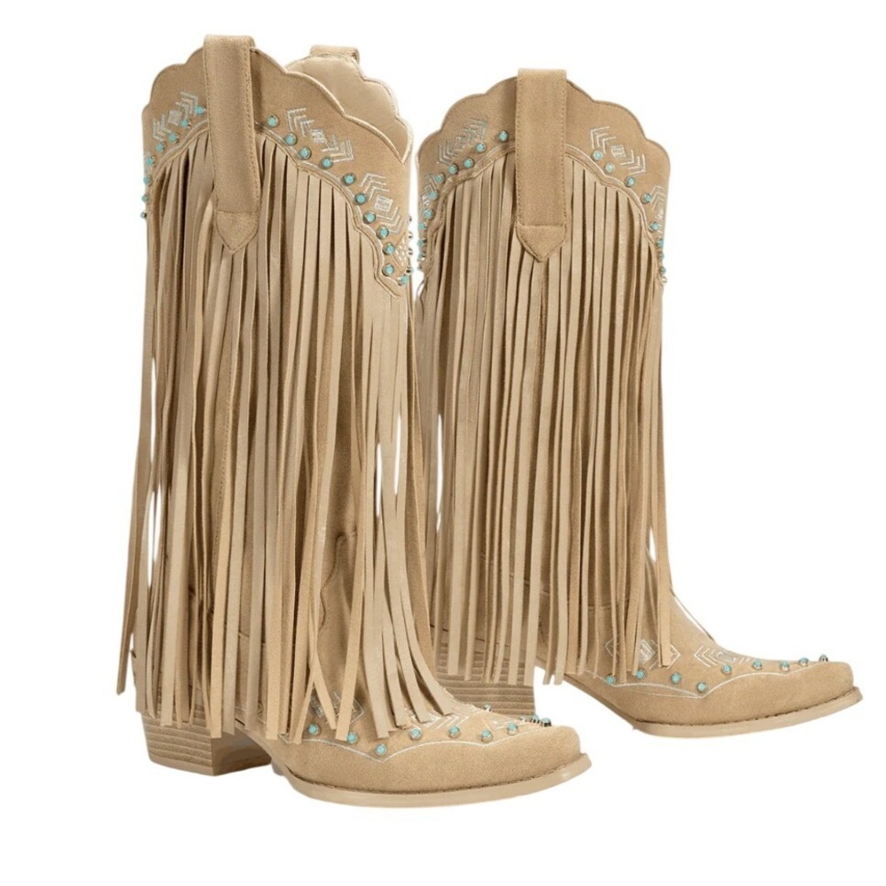 Wetkiss Tan Cassidy Fringe Cowboy Boots Studded Turquoise Western 7.5 NEW $158